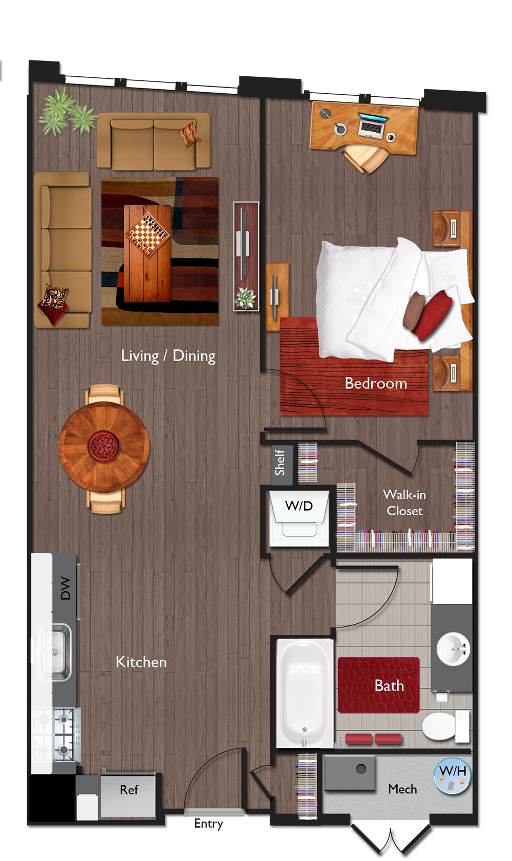 Floor plan for 1 bed, 1 bath, 783 sqft